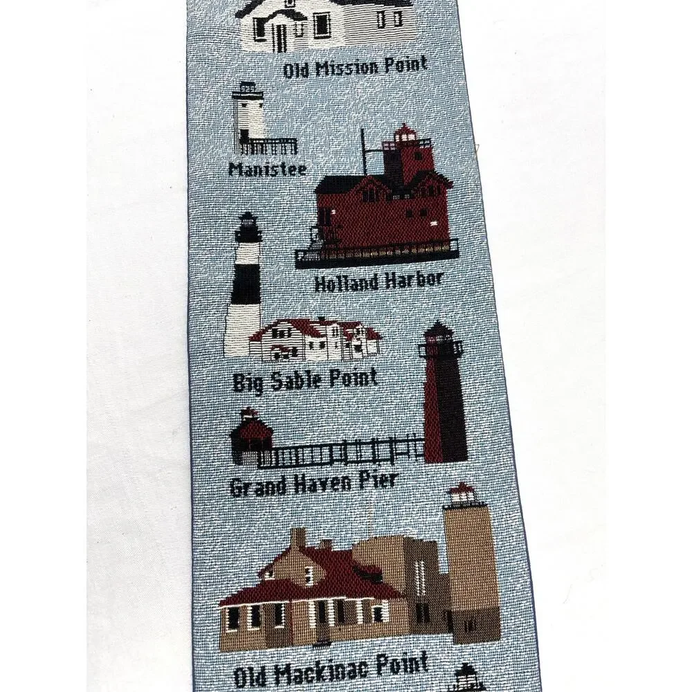 Vintage Woven Tapestry Wall Hanging Michigan Lighthouses Cottage Costal Decor